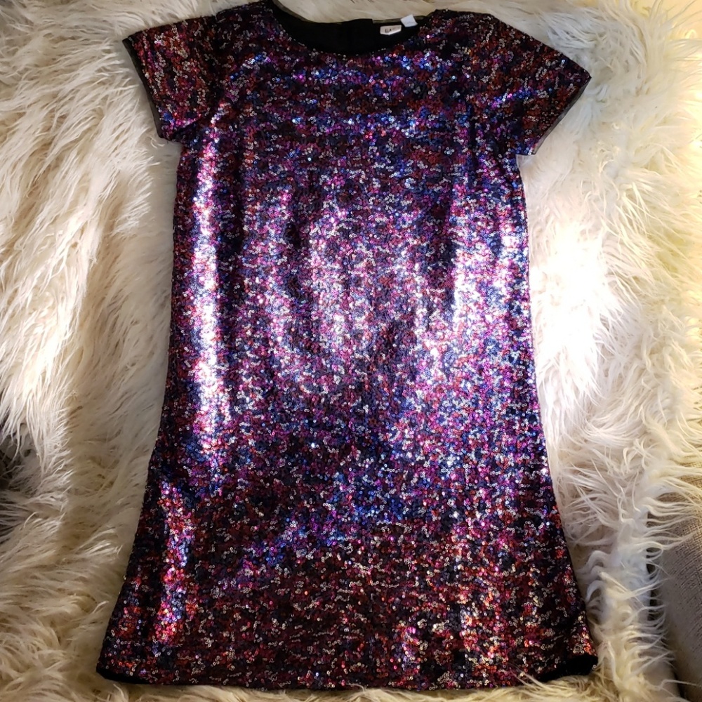 Pink, Navy,  Red, purple & silver sequined dress